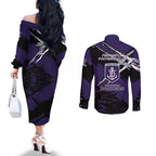 Fremantle Football Club Couples Matching Off The Shoulder Long Sleeve Dress and Long Sleeve Button Shirt Dockers Muscular Mascot Graphic - Abstract Paint Splatter Art