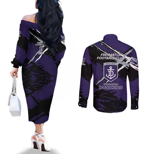 Fremantle Football Club Couples Matching Off The Shoulder Long Sleeve Dress and Long Sleeve Button Shirt Dockers Muscular Mascot Graphic - Abstract Paint Splatter Art