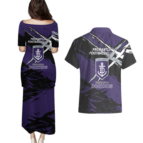 Fremantle Football Club Couples Matching Puletasi and Hawaiian Shirt Dockers Muscular Mascot Graphic - Abstract Paint Splatter Art