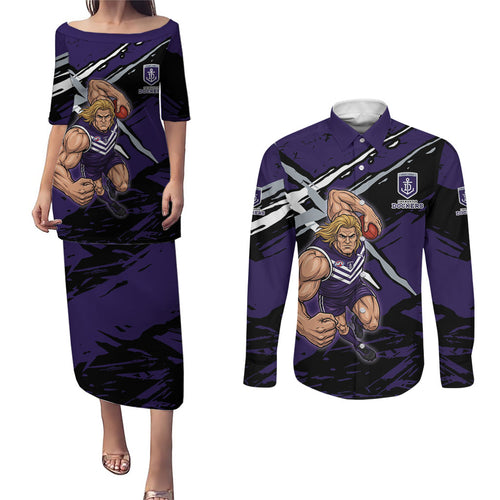 Fremantle Football Club Couples Matching Puletasi and Long Sleeve Button Shirt Dockers Muscular Mascot Graphic - Abstract Paint Splatter Art