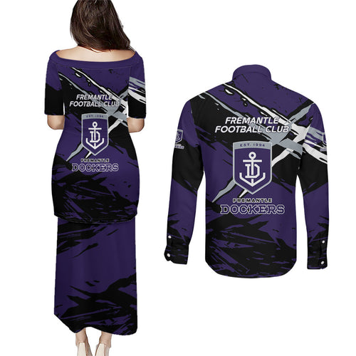 Fremantle Football Club Couples Matching Puletasi and Long Sleeve Button Shirt Dockers Muscular Mascot Graphic - Abstract Paint Splatter Art
