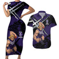 Fremantle Football Club Couples Matching Short Sleeve Bodycon Dress and Hawaiian Shirt Dockers Muscular Mascot Graphic - Abstract Paint Splatter Art