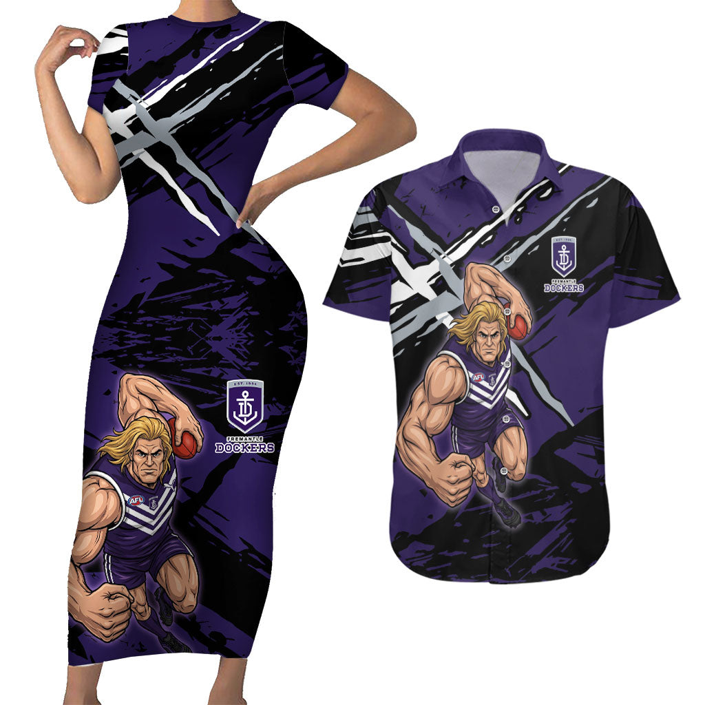 Fremantle Football Club Couples Matching Short Sleeve Bodycon Dress and Hawaiian Shirt Dockers Muscular Mascot Graphic - Abstract Paint Splatter Art