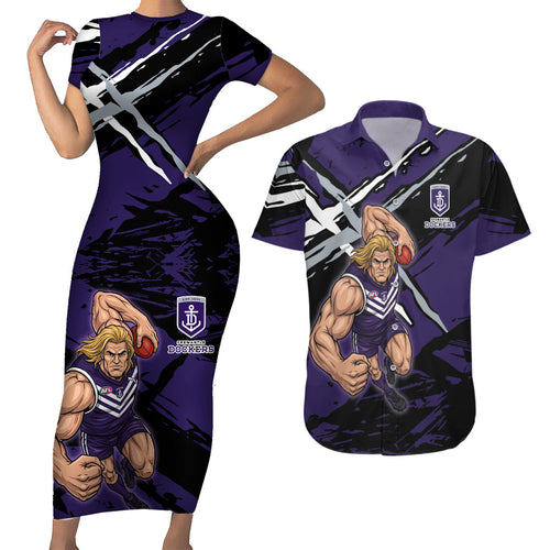 Fremantle Football Club Couples Matching Short Sleeve Bodycon Dress and Hawaiian Shirt Dockers Muscular Mascot Graphic - Abstract Paint Splatter Art