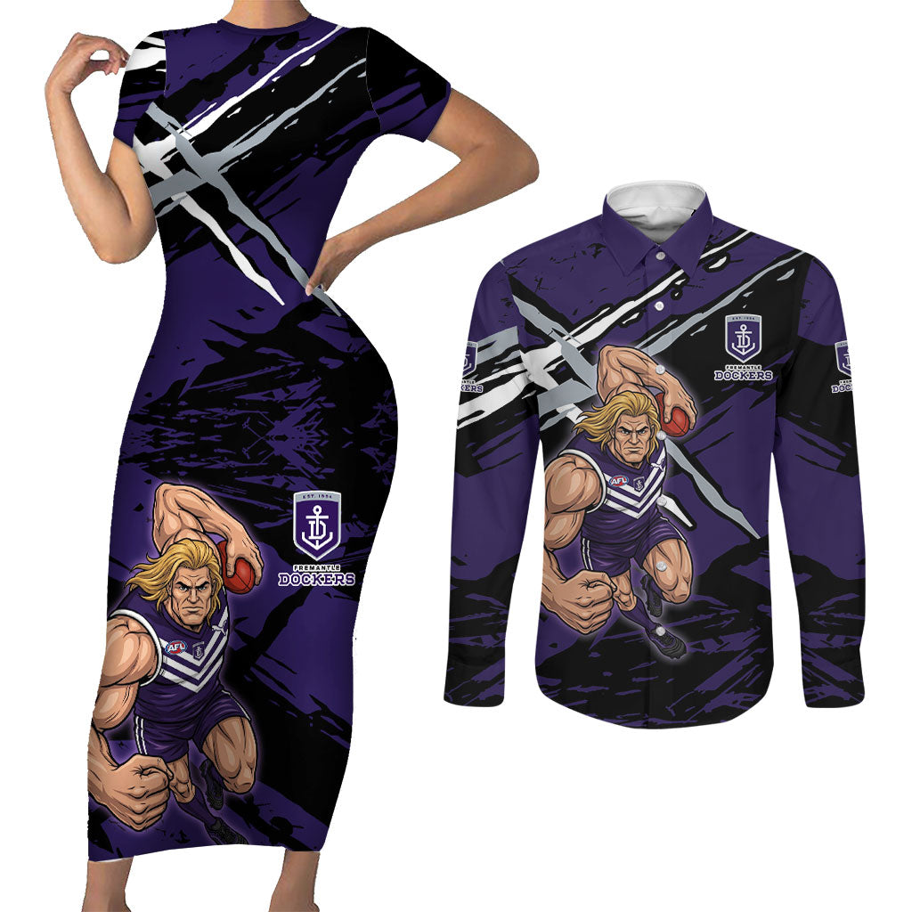 Fremantle Football Club Couples Matching Short Sleeve Bodycon Dress and Long Sleeve Button Shirt Dockers Muscular Mascot Graphic - Abstract Paint Splatter Art