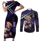 Fremantle Football Club Couples Matching Short Sleeve Bodycon Dress and Long Sleeve Button Shirt Dockers Muscular Mascot Graphic - Abstract Paint Splatter Art