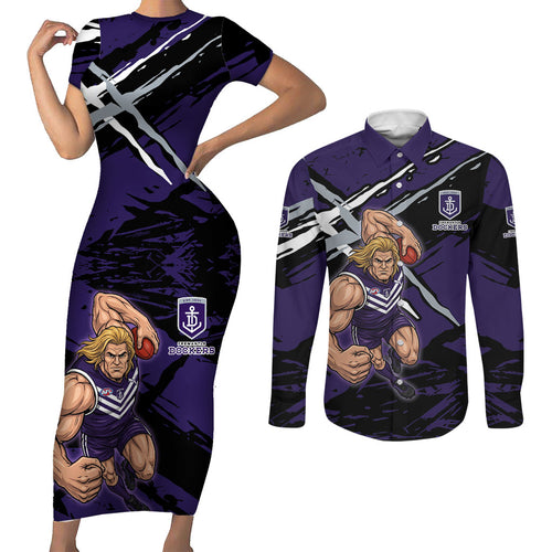 Fremantle Football Club Couples Matching Short Sleeve Bodycon Dress and Long Sleeve Button Shirt Dockers Muscular Mascot Graphic - Abstract Paint Splatter Art