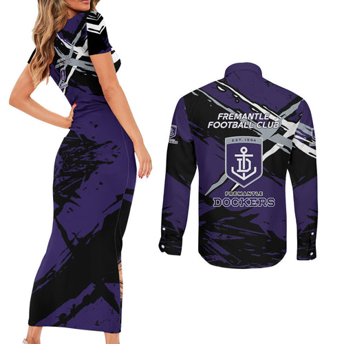 Fremantle Football Club Couples Matching Short Sleeve Bodycon Dress and Long Sleeve Button Shirt Dockers Muscular Mascot Graphic - Abstract Paint Splatter Art