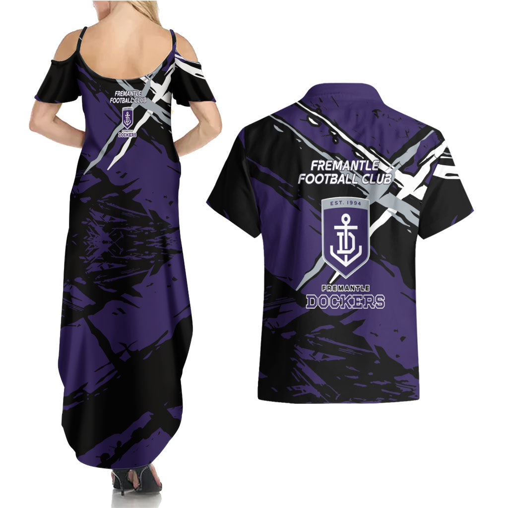 Fremantle Football Club Couples Matching Summer Maxi Dress and Hawaiian Shirt Dockers Muscular Mascot Graphic - Abstract Paint Splatter Art