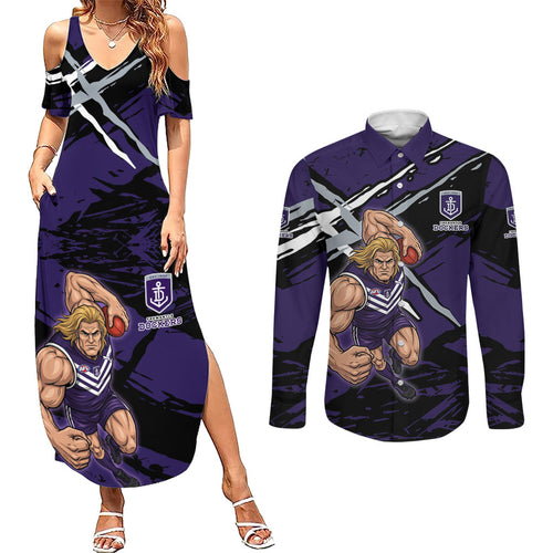 Fremantle Football Club Couples Matching Summer Maxi Dress and Long Sleeve Button Shirt Dockers Muscular Mascot Graphic - Abstract Paint Splatter Art