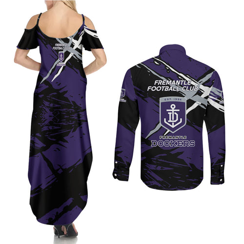 Fremantle Football Club Couples Matching Summer Maxi Dress and Long Sleeve Button Shirt Dockers Muscular Mascot Graphic - Abstract Paint Splatter Art
