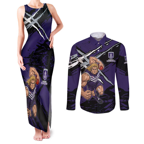 Fremantle Football Club Couples Matching Tank Maxi Dress and Long Sleeve Button Shirt Dockers Muscular Mascot Graphic - Abstract Paint Splatter Art