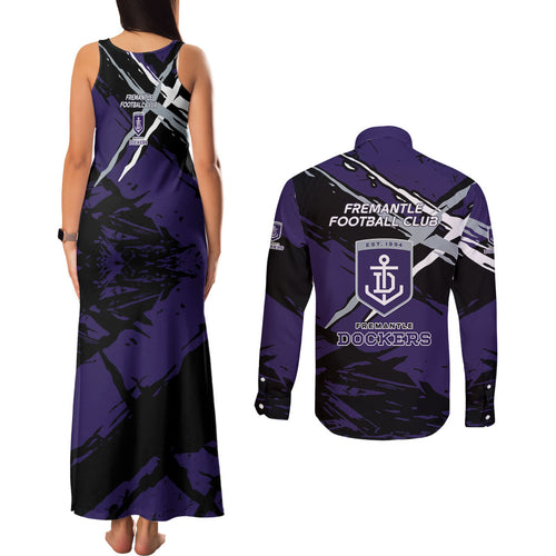 Fremantle Football Club Couples Matching Tank Maxi Dress and Long Sleeve Button Shirt Dockers Muscular Mascot Graphic - Abstract Paint Splatter Art