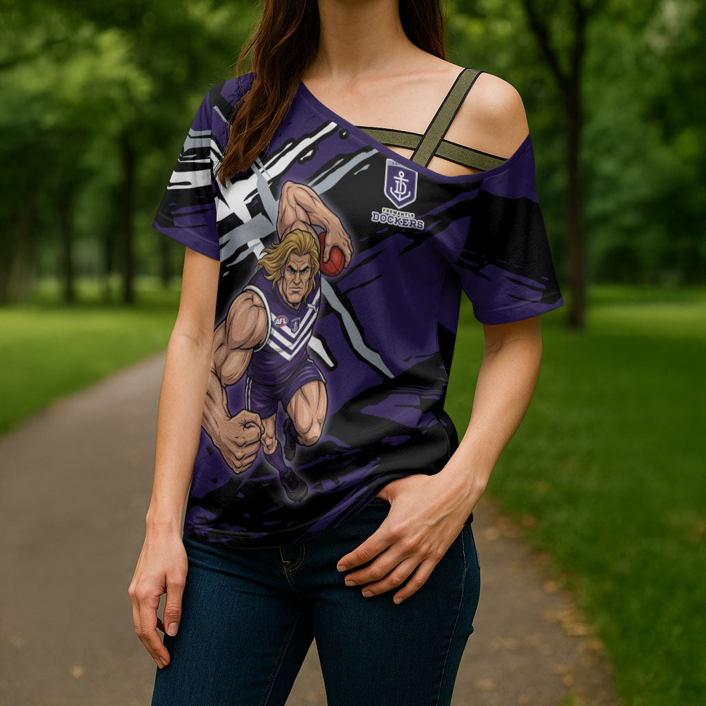 Fremantle Football Club Cross Shoulder Shirt Dockers Muscular Mascot Graphic - Abstract Paint Splatter Art