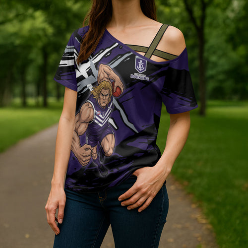 Fremantle Football Club Cross Shoulder Shirt Dockers Muscular Mascot Graphic - Abstract Paint Splatter Art