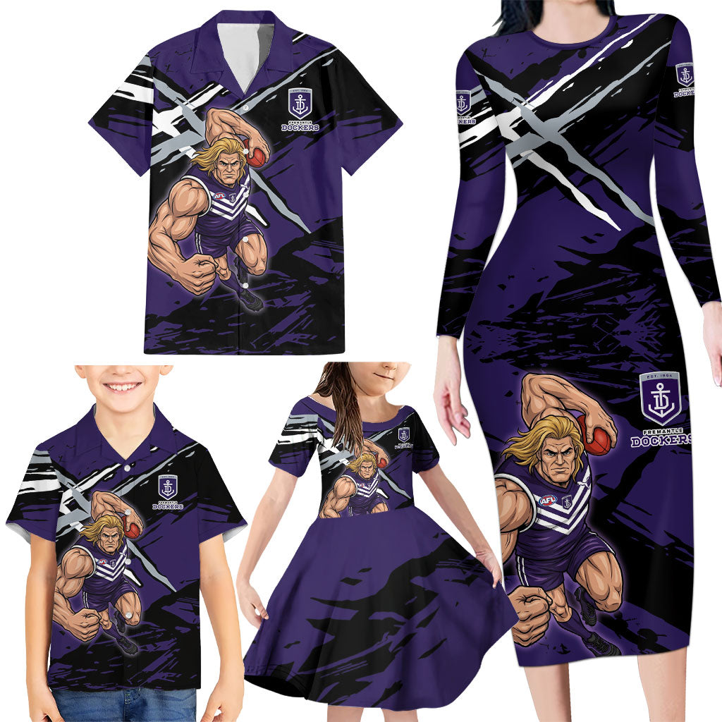 Fremantle Football Club Family Matching Long Sleeve Bodycon Dress and Hawaiian Shirt Dockers Muscular Mascot Graphic - Abstract Paint Splatter Art