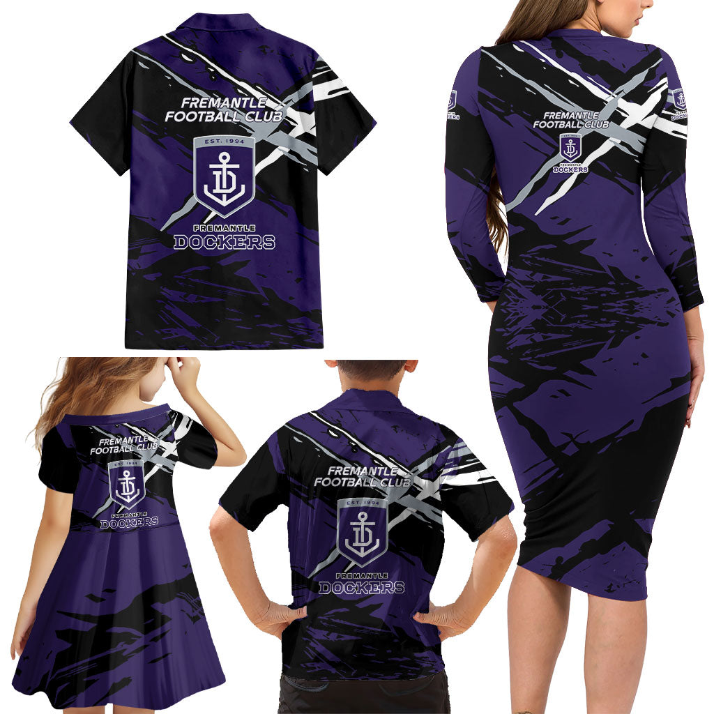 Fremantle Football Club Family Matching Long Sleeve Bodycon Dress and Hawaiian Shirt Dockers Muscular Mascot Graphic - Abstract Paint Splatter Art