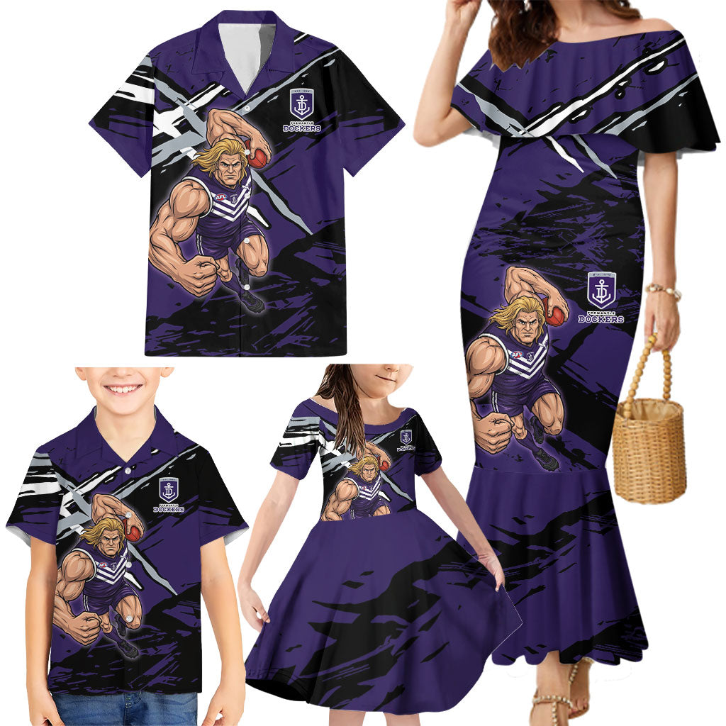 Fremantle Football Club Family Matching Mermaid Dress and Hawaiian Shirt Dockers Muscular Mascot Graphic - Abstract Paint Splatter Art