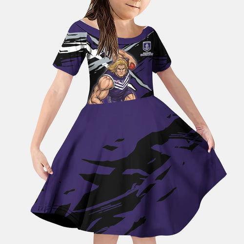 Fremantle Football Club Family Matching Off The Shoulder Long Sleeve Dress and Hawaiian Shirt Dockers Muscular Mascot Graphic - Abstract Paint Splatter Art