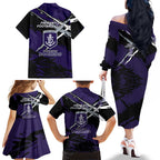 Fremantle Football Club Family Matching Off The Shoulder Long Sleeve Dress and Hawaiian Shirt Dockers Muscular Mascot Graphic - Abstract Paint Splatter Art