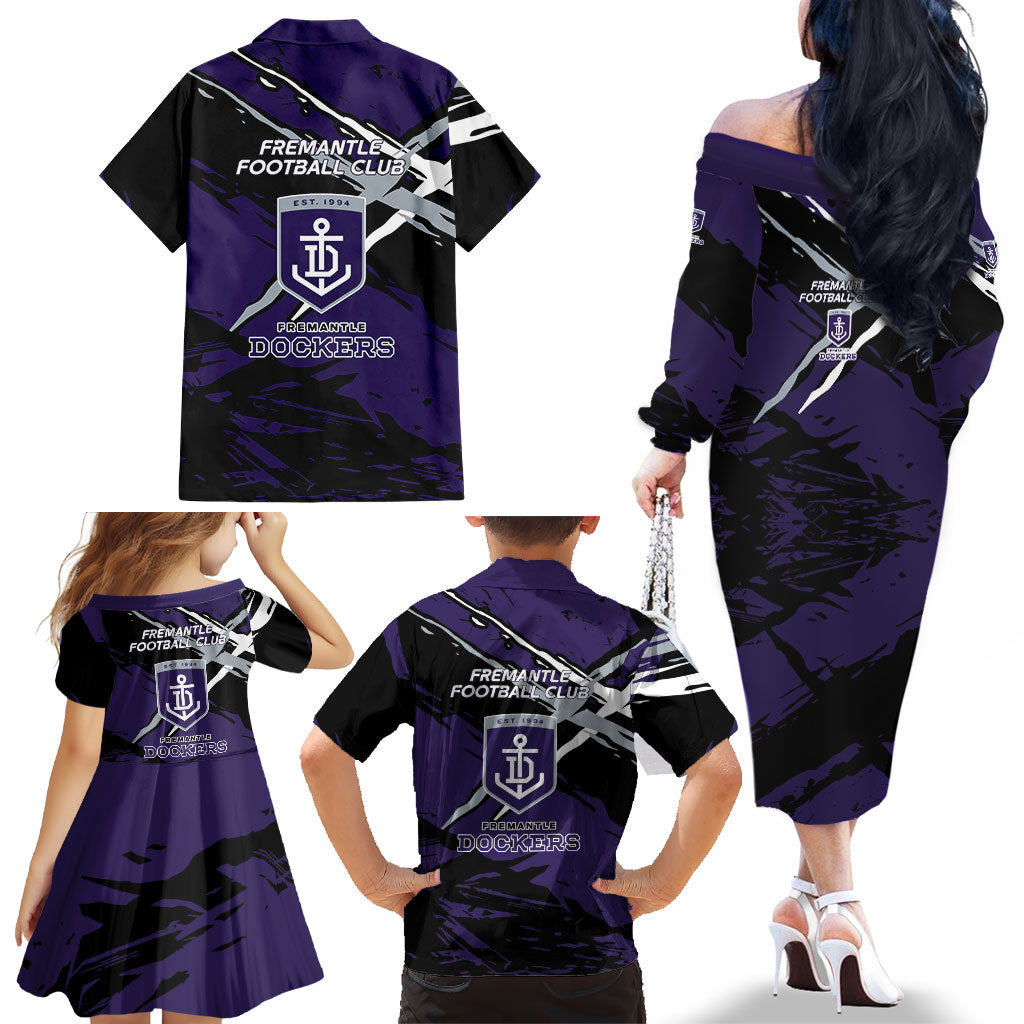 Fremantle Football Club Family Matching Off The Shoulder Long Sleeve Dress and Hawaiian Shirt Dockers Muscular Mascot Graphic - Abstract Paint Splatter Art