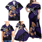 Fremantle Football Club Family Matching Off Shoulder Maxi Dress and Hawaiian Shirt Dockers Muscular Mascot Graphic - Abstract Paint Splatter Art