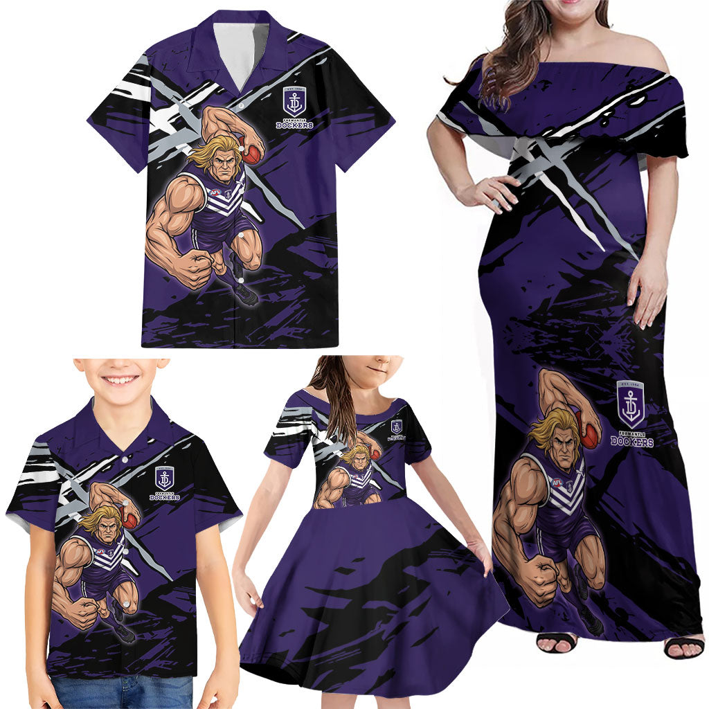 Fremantle Football Club Family Matching Off Shoulder Maxi Dress and Hawaiian Shirt Dockers Muscular Mascot Graphic - Abstract Paint Splatter Art
