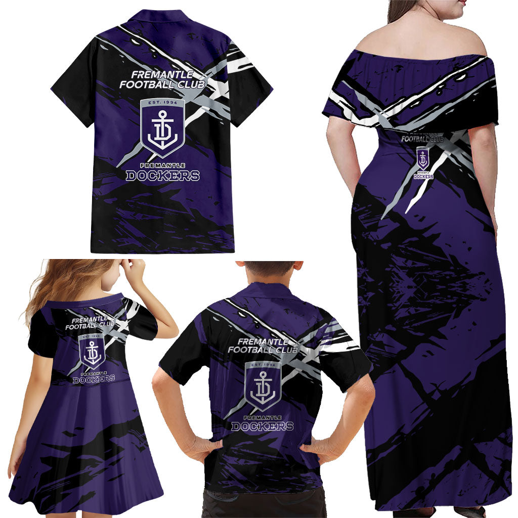 Fremantle Football Club Family Matching Off Shoulder Maxi Dress and Hawaiian Shirt Dockers Muscular Mascot Graphic - Abstract Paint Splatter Art