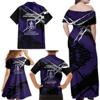 Fremantle Football Club Family Matching Off Shoulder Maxi Dress and Hawaiian Shirt Dockers Muscular Mascot Graphic - Abstract Paint Splatter Art