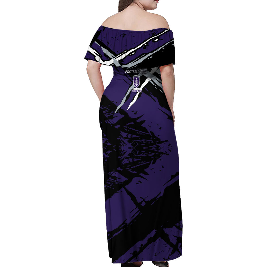 Fremantle Football Club Family Matching Off Shoulder Maxi Dress and Hawaiian Shirt Dockers Muscular Mascot Graphic - Abstract Paint Splatter Art