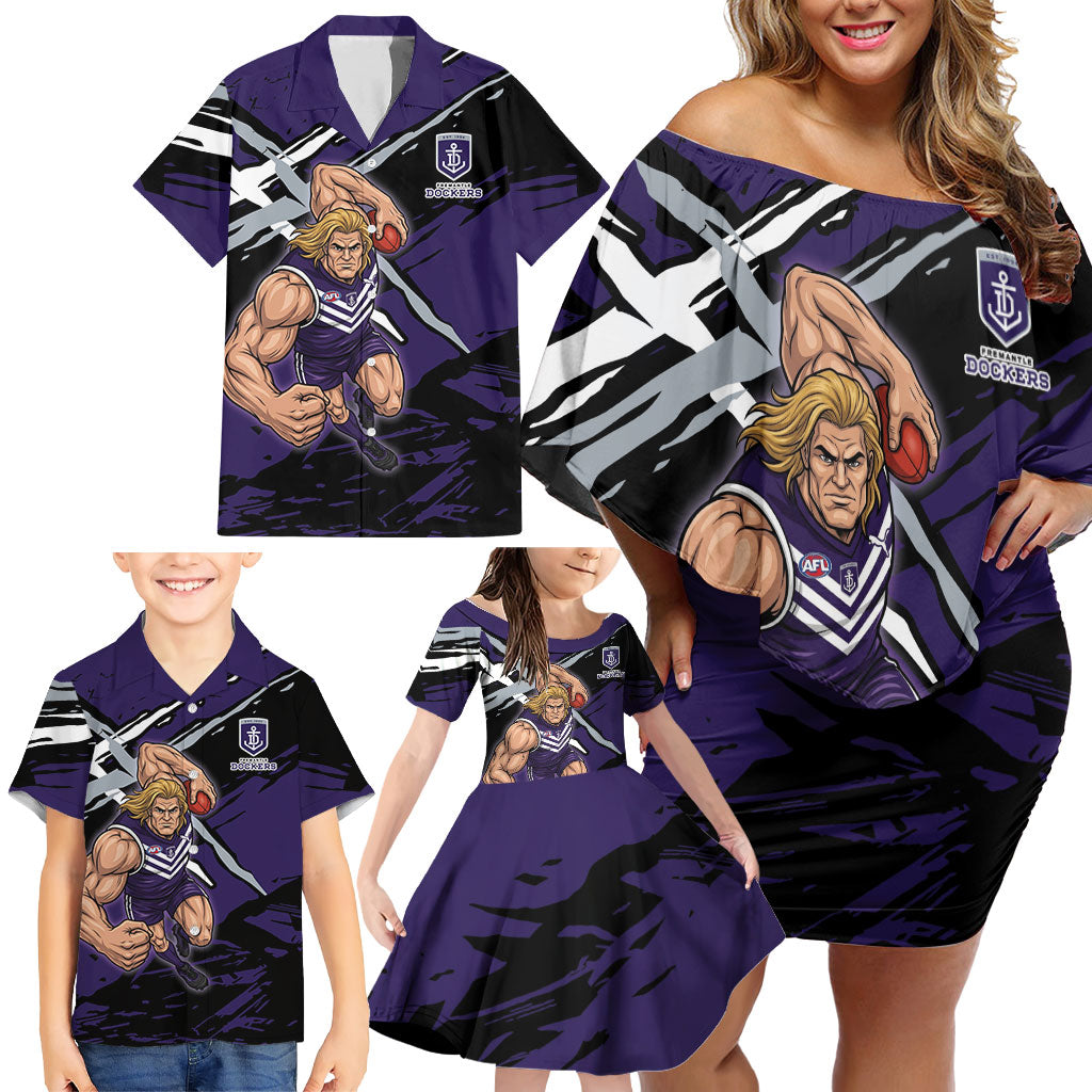 Fremantle Football Club Family Matching Off Shoulder Short Dress and Hawaiian Shirt Dockers Muscular Mascot Graphic - Abstract Paint Splatter Art