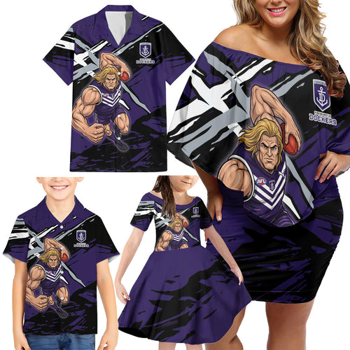 Fremantle Football Club Family Matching Off Shoulder Short Dress and Hawaiian Shirt Dockers Muscular Mascot Graphic - Abstract Paint Splatter Art