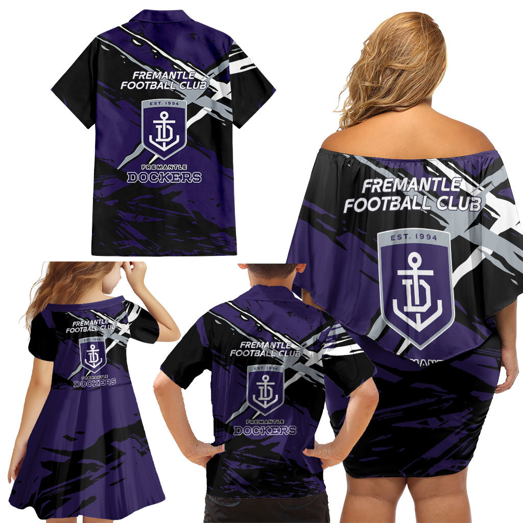 Fremantle Football Club Family Matching Off Shoulder Short Dress and Hawaiian Shirt Dockers Muscular Mascot Graphic - Abstract Paint Splatter Art