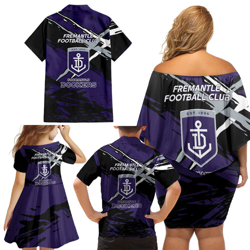 Fremantle Football Club Family Matching Off Shoulder Short Dress and Hawaiian Shirt Dockers Muscular Mascot Graphic - Abstract Paint Splatter Art