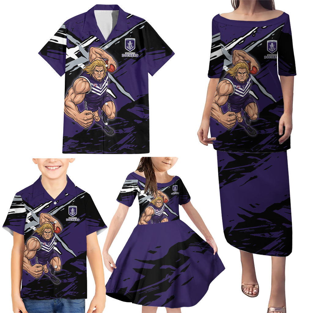 Fremantle Football Club Family Matching Puletasi and Hawaiian Shirt Dockers Muscular Mascot Graphic - Abstract Paint Splatter Art