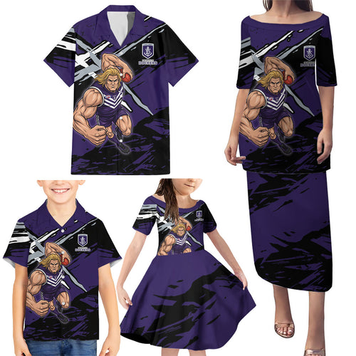 Fremantle Football Club Family Matching Puletasi and Hawaiian Shirt Dockers Muscular Mascot Graphic - Abstract Paint Splatter Art