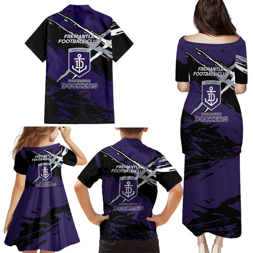 Fremantle Football Club Family Matching Puletasi and Hawaiian Shirt Dockers Muscular Mascot Graphic - Abstract Paint Splatter Art