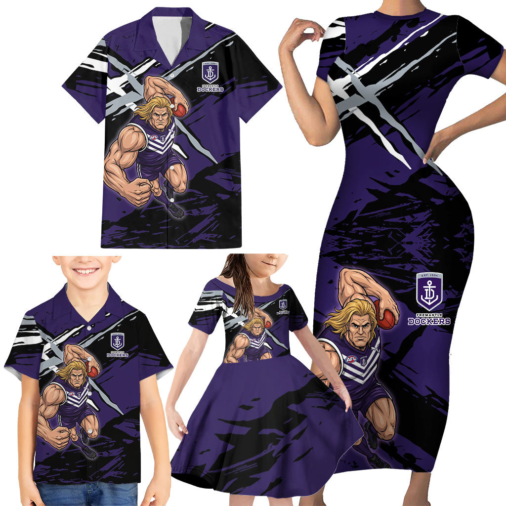 Fremantle Football Club Family Matching Short Sleeve Bodycon Dress and Hawaiian Shirt Dockers Muscular Mascot Graphic - Abstract Paint Splatter Art