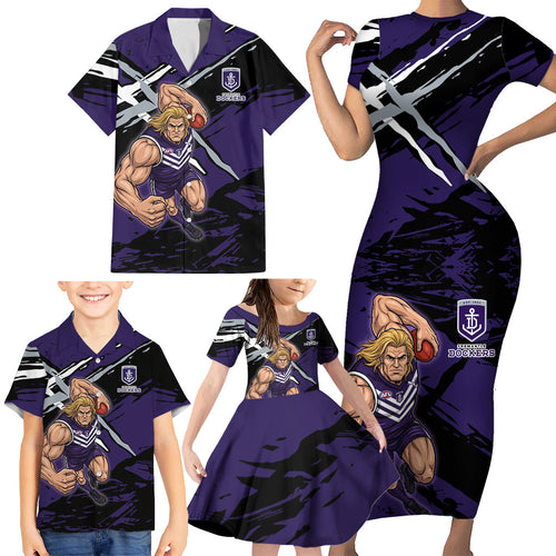 Fremantle Football Club Family Matching Short Sleeve Bodycon Dress and Hawaiian Shirt Dockers Muscular Mascot Graphic - Abstract Paint Splatter Art