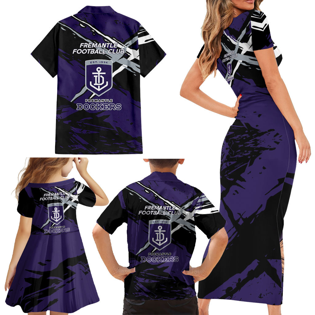 Fremantle Football Club Family Matching Short Sleeve Bodycon Dress and Hawaiian Shirt Dockers Muscular Mascot Graphic - Abstract Paint Splatter Art