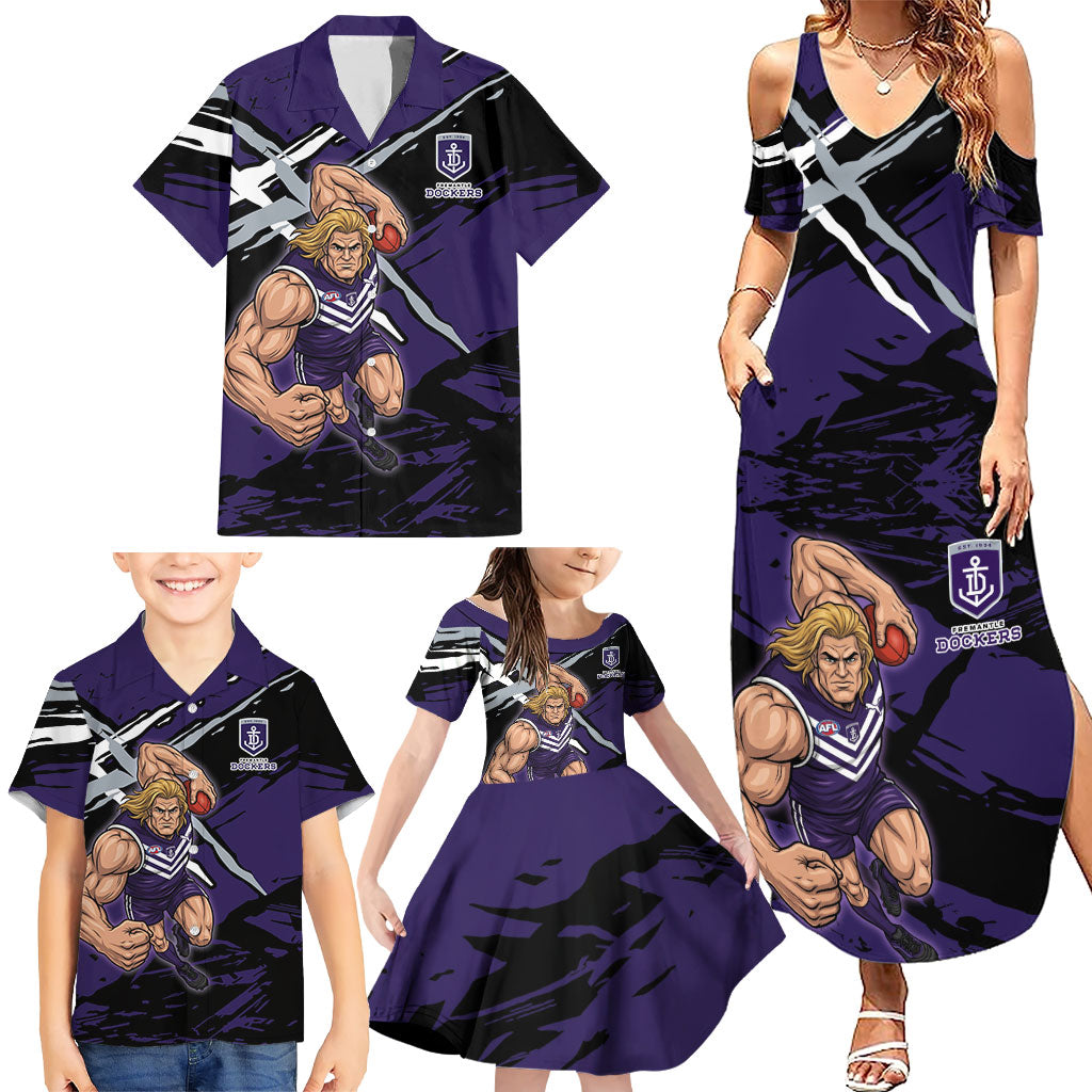Fremantle Football Club Family Matching Summer Maxi Dress and Hawaiian Shirt Dockers Muscular Mascot Graphic - Abstract Paint Splatter Art