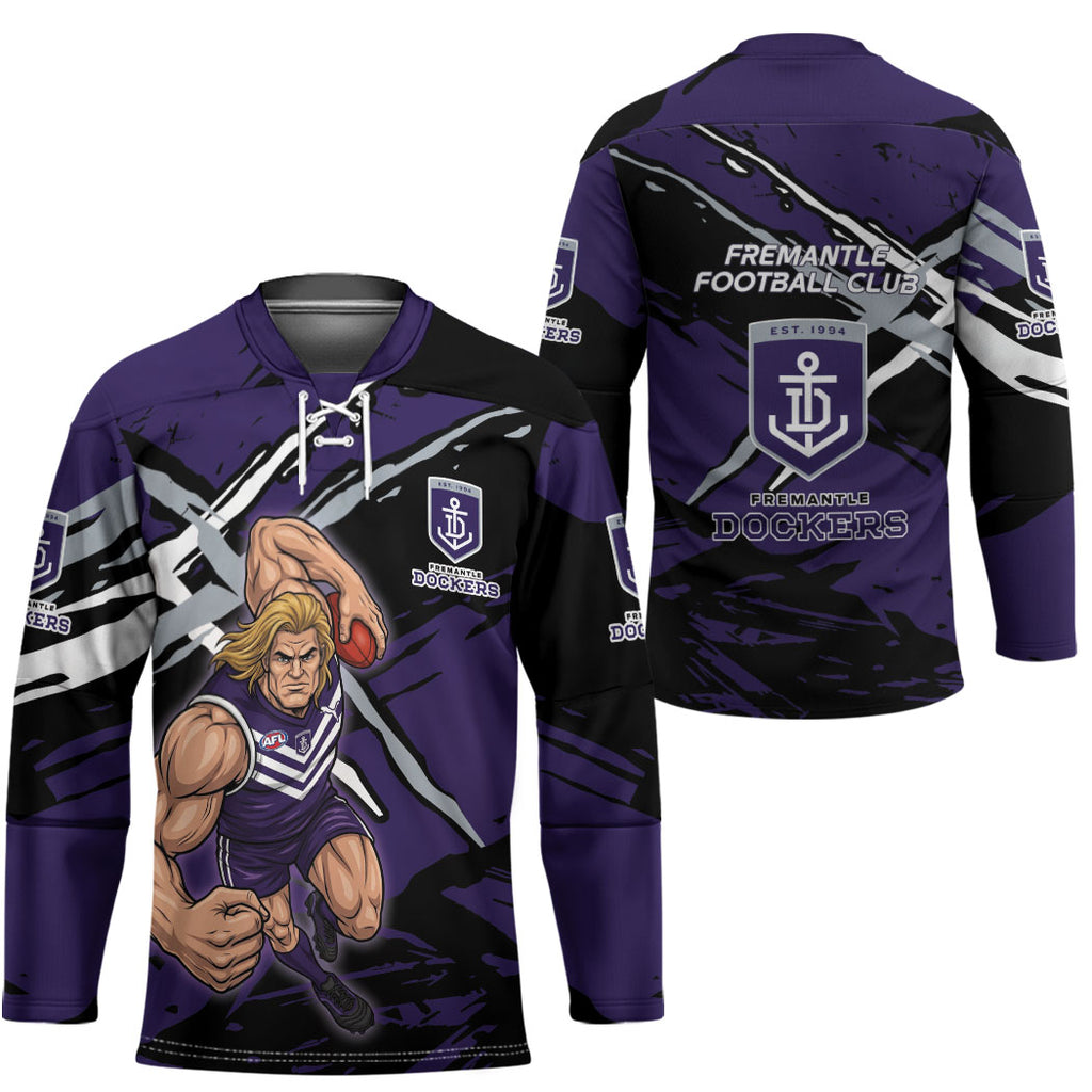 Fremantle Football Club Hockey Jersey Dockers Muscular Mascot Graphic - Abstract Paint Splatter Art