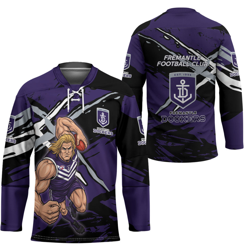 Fremantle Football Club Hockey Jersey Dockers Muscular Mascot Graphic - Abstract Paint Splatter Art