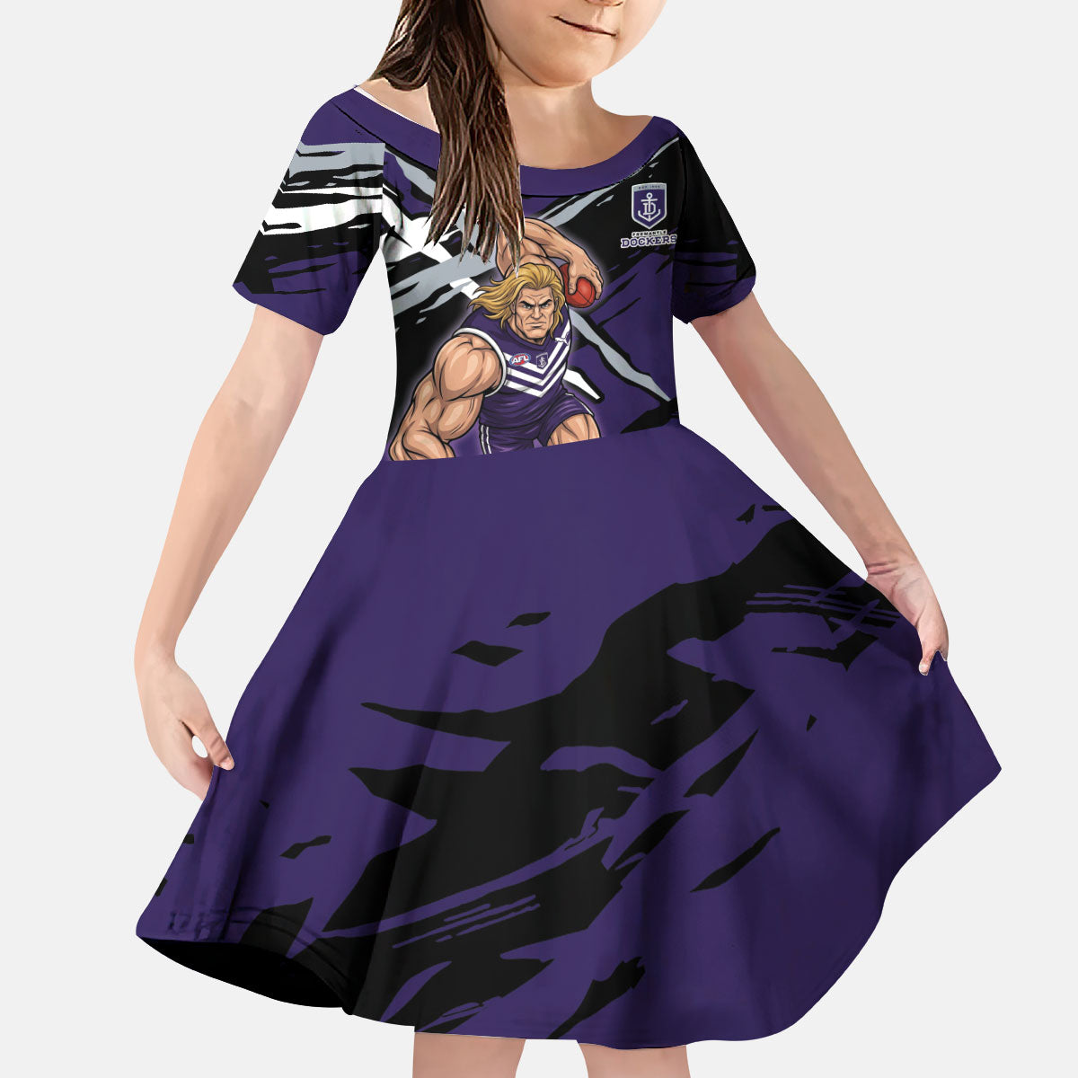 Fremantle Football Club Kid Short Sleeve Dress Dockers Muscular Mascot Graphic - Abstract Paint Splatter Art