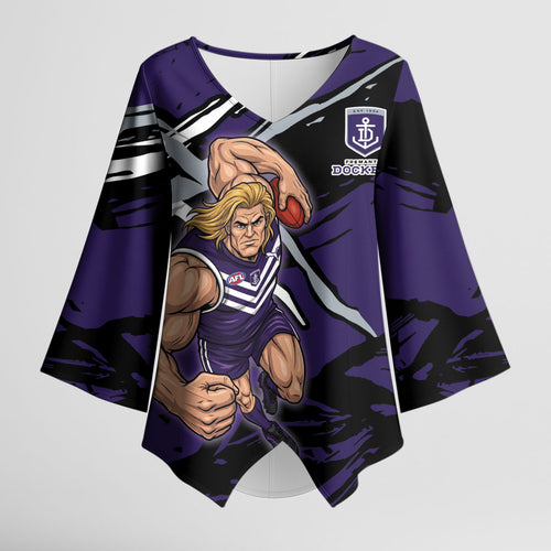 Fremantle Football Club Kimono Sleeve Blouse Dockers Muscular Mascot Graphic - Abstract Paint Splatter Art