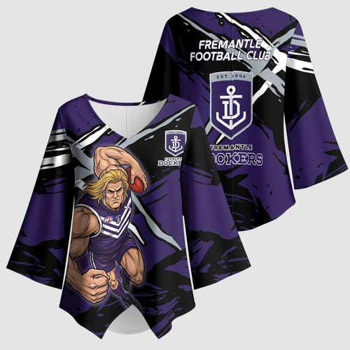 Fremantle Football Club Kimono Sleeve Blouse Dockers Muscular Mascot Graphic - Abstract Paint Splatter Art
