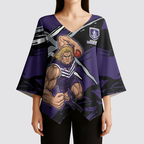 Fremantle Football Club Kimono Sleeve Blouse Dockers Muscular Mascot Graphic - Abstract Paint Splatter Art