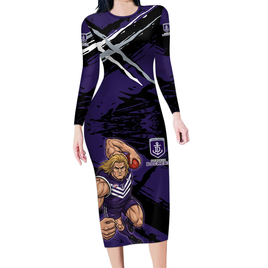 Fremantle Football Club Long Sleeve Bodycon Dress Dockers Muscular Mascot Graphic - Abstract Paint Splatter Art