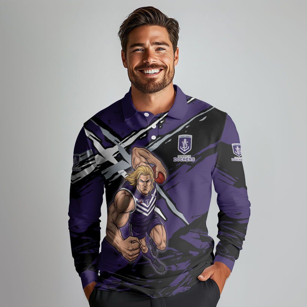 Fremantle Football Club Long Sleeve Polo Shirt Dockers Muscular Mascot Graphic - Abstract Paint Splatter Art