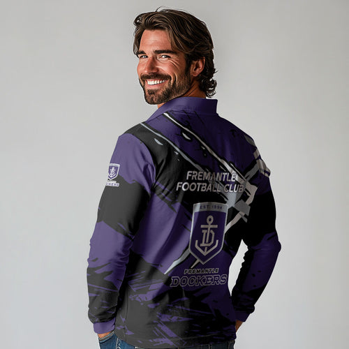 Fremantle Football Club Long Sleeve Polo Shirt Dockers Muscular Mascot Graphic - Abstract Paint Splatter Art